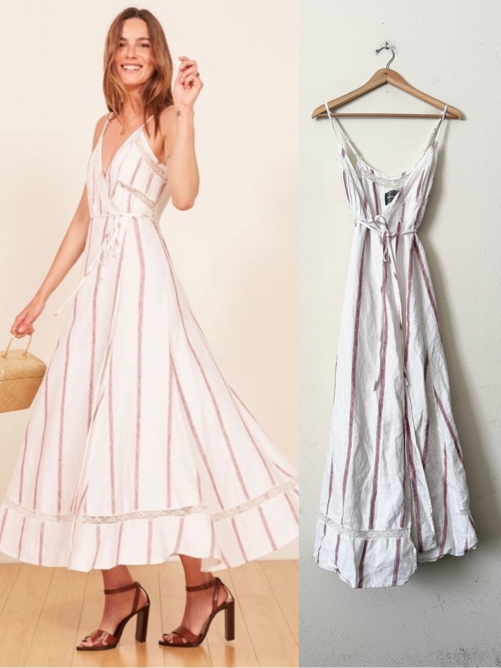 Reformation XS Daria 100% linen white red striped sleeveless wrap maxi dress